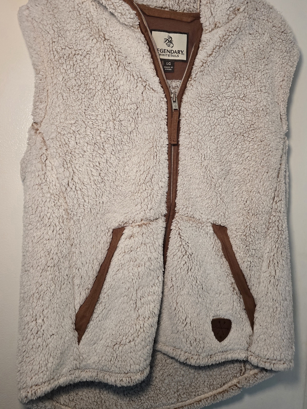 Legendary Whitetails Womens Cream Sherpa Vest with Brown Trim and Hood